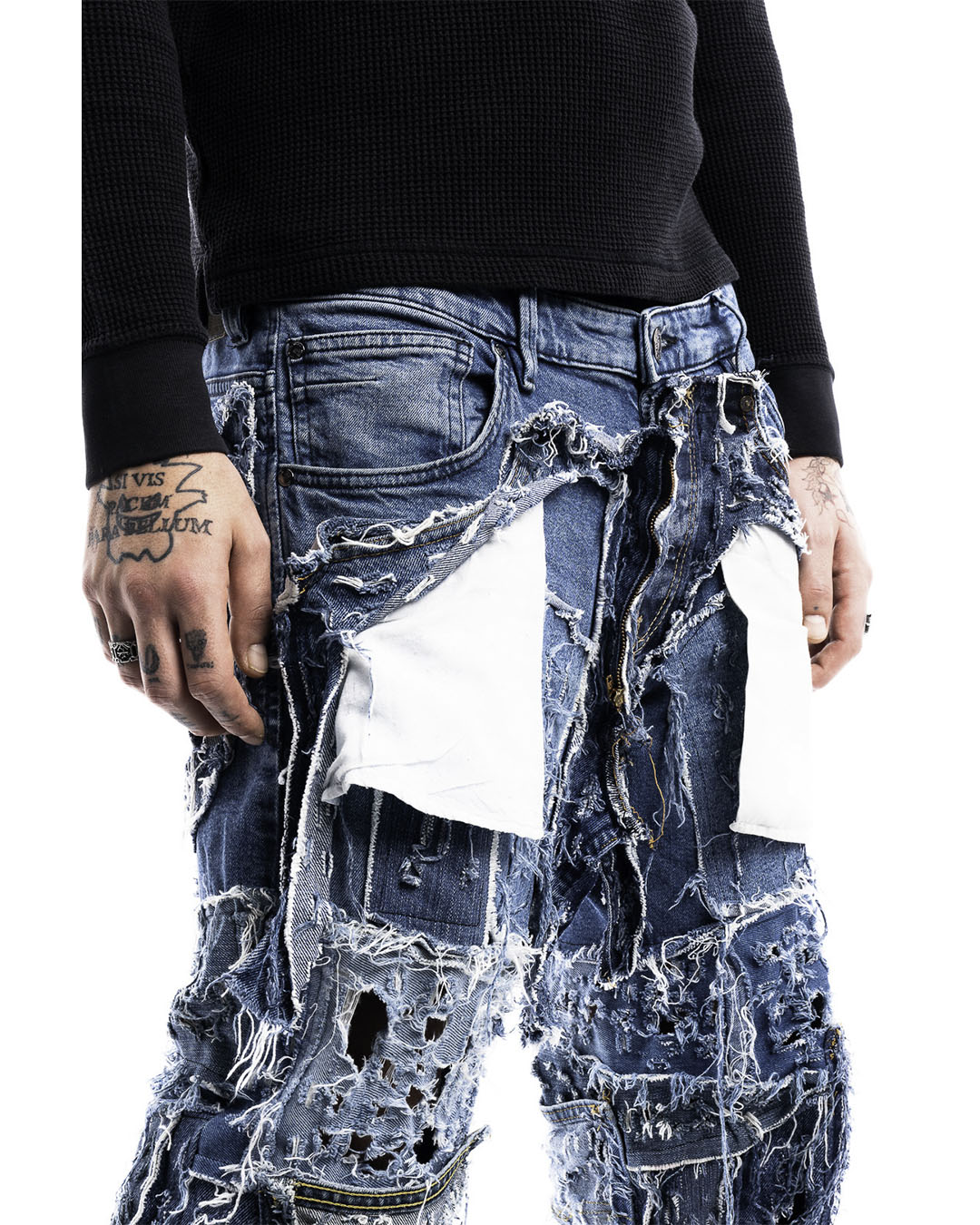 Cobalt Shred Denim Jeans by Prototypesparis, high-quality craftsmanship.