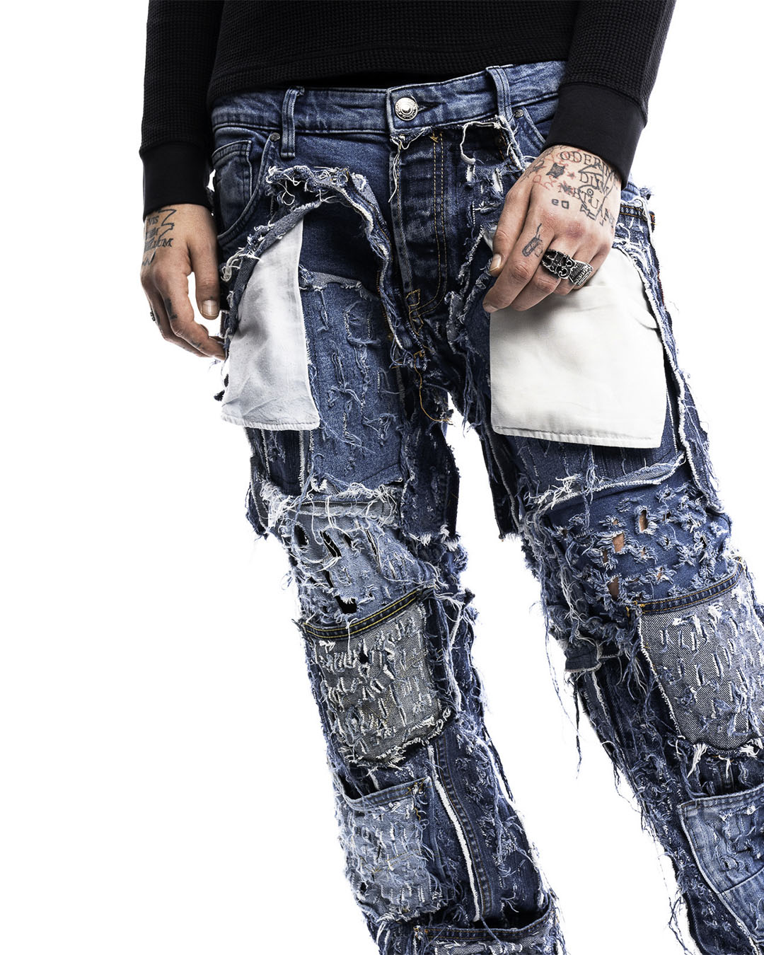 Front view of Cobalt Shred Denim Jeans by Prototypesparis, premium quality fabric.