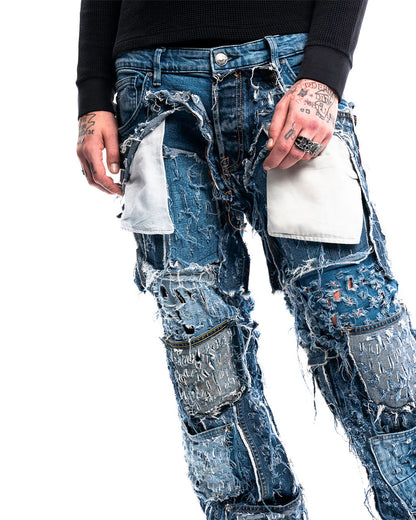 Front view of Cobalt Shred Denim Jeans by Prototypesparis, premium quality fabric.