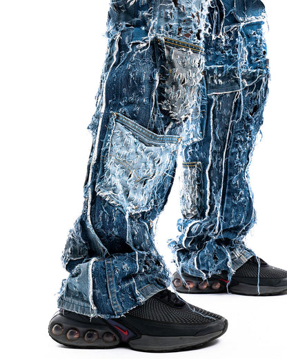 Zoom view of Cobalt Shred Denim Jeans by Prototypesparis, premium streetwear.