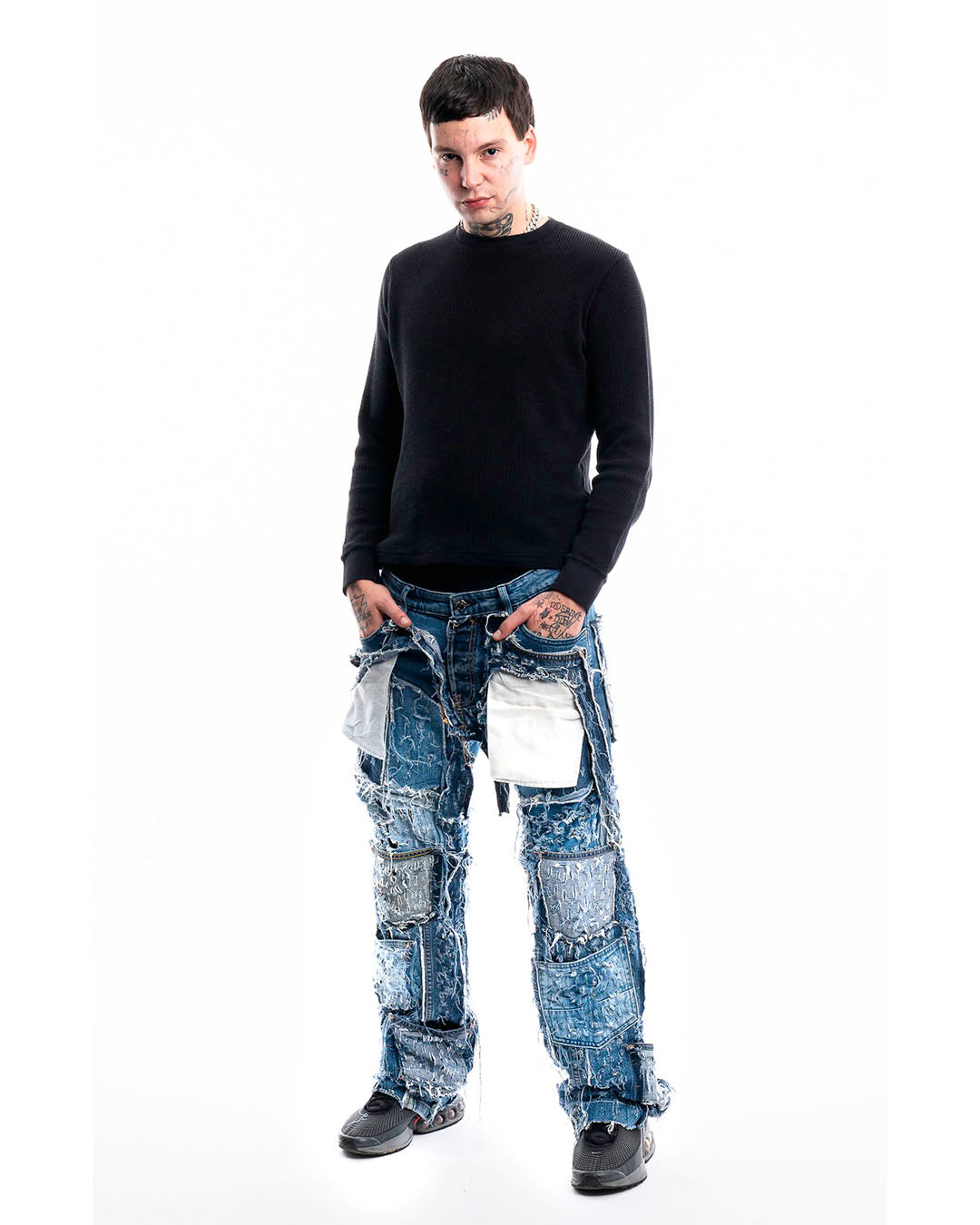 Side view of Cobalt Shred Denim Jeans by Prototypes, handmade in Paris.