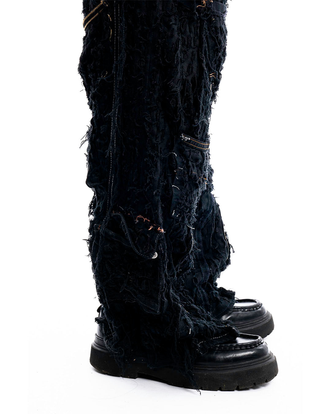 Obsidian Shred Denim Jeans by Prototypesparis, luxury streetwear.